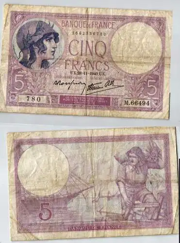 5 Francs Banknote Frankreich 28.11.1940 (123950)