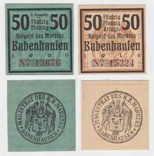 2 x 50 Pfennig Banknote Notgeld Markt Babenhausen 1918 (131096)