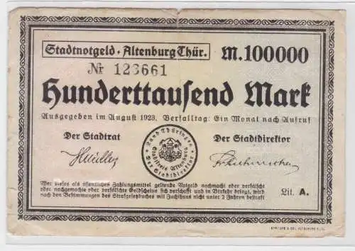 100000 Mark Banknote Inflation Stadt Altenburg August 1923 (118344)