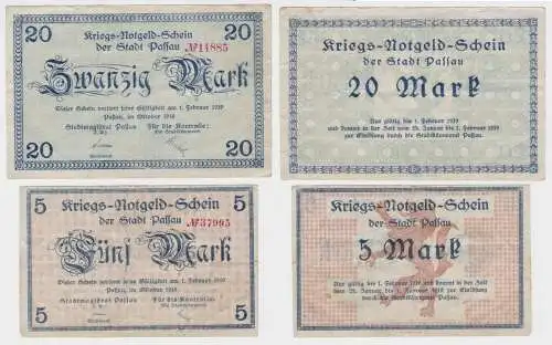 5 und 20 Mark Banknoten Kriegsgeld Stadt Passau Oktober 1918 (119135)