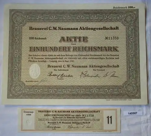 100 Reichsmark Aktie Brauerei C.W. Naumann AG Leipzig 6.Juni 1941 (140587)