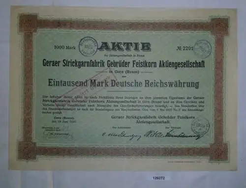 1000 Mark Aktie Geraer Strickgarnfabrik Gebrüder Feistkorn AG 19.6.1920 (129272)