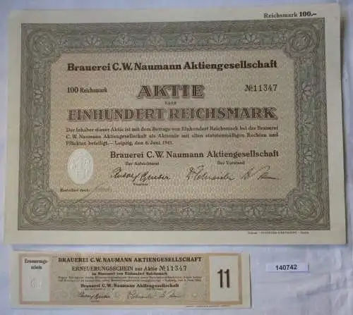 100 Reichsmark Aktie Brauerei C.W. Naumann AG Leipzig 6.Juni 1941 (140742)