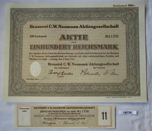100 Reichsmark Aktie Brauerei C.W. Naumann AG Leipzig 6.Juni 1941 (140756)