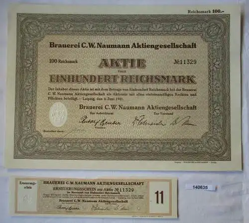 100 Reichsmark Aktie Brauerei C.W. Naumann AG Leipzig 6.Juni 1941 (140635)