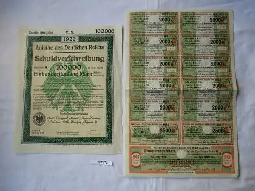 100 000 Mark Aktie Schuldenverschreibung dt. Reich Berlin 01.12.1922 (127472)