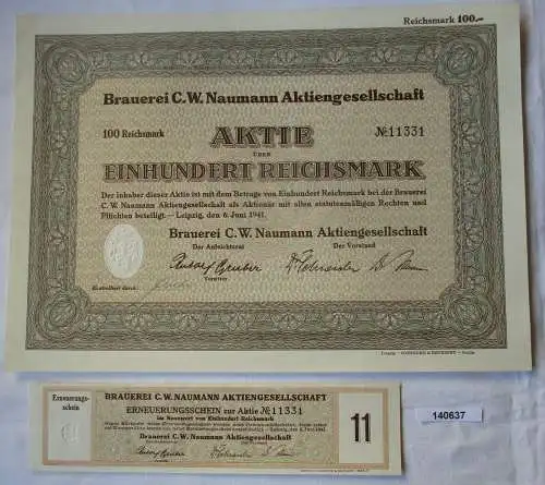 100 Reichsmark Aktie Brauerei C.W. Naumann AG Leipzig 6.Juni 1941 (140637)