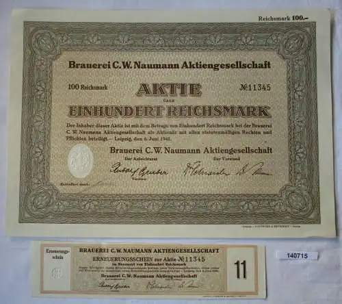 100 Reichsmark Aktie Brauerei C.W. Naumann AG Leipzig 6.Juni 1941 (140715)