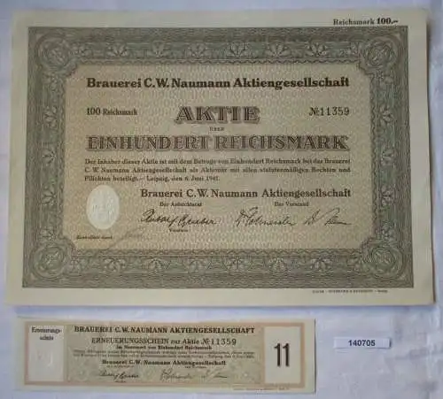 100 Reichsmark Aktie Brauerei C.W. Naumann AG Leipzig 6.Juni 1941 (140705)