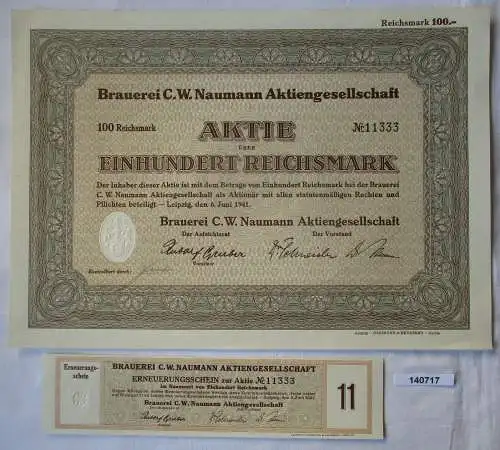 100 Reichsmark Aktie Brauerei C.W. Naumann AG Leipzig 6.Juni 1941 (140717)