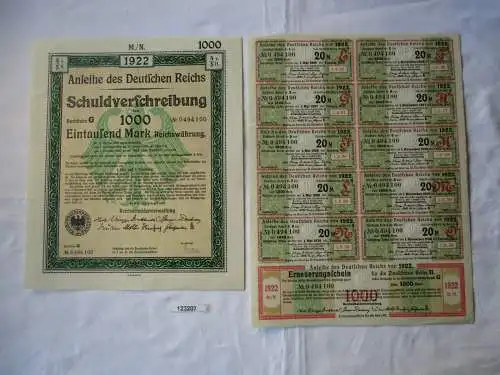 1000 Mark Aktie Schuldenverschreibung deutsches Reich Berlin 01.08.1922 (123207)