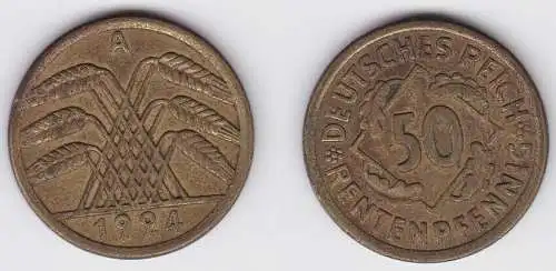 50 Rentenpfennig Messing Münze Weimarer Republik 1924 E Jäger 310 (150764)