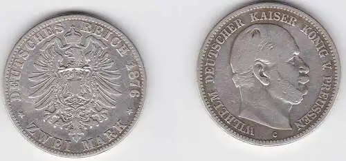 2 Mark Silbermünze Preussen Kaiser Wilhelm I. 1876 C Jäger 96 f.ss (150331)