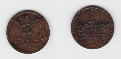 2 Pfennig Kupfer Münze Danzig 1923 Jäger D 3 f.vz (150346)