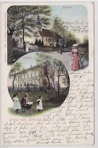 900075 Lithografie AK Gruss aus Sornzig - Kirche, Schule 1909