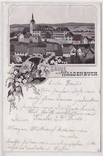 900737 Lithografie AK Gruss aus Waldenbuch - Totalansicht davor Blumen 1898