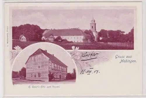 99750 AK Gruss aus Medingen - H.Heuer's Hotel zum Riessel, Ortsansicht 1904