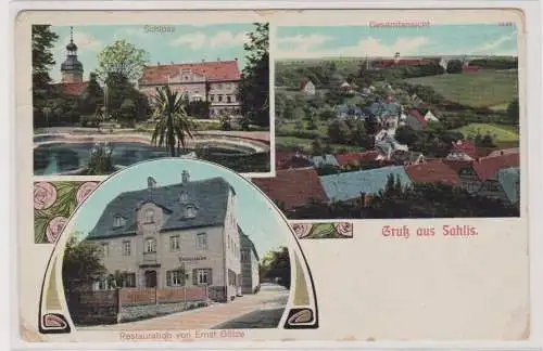 99547 AK Gruß aus Sahlis - Schloss, Restauration von Ernst Götze, Totale 1911