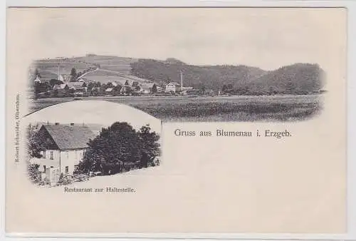 79394 Ak Gruß aus Blumenau im Erzgebirge Restaurant zur Haltestelle um 1900