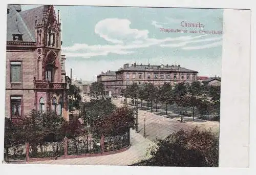 35027 Ak Chemnitz Hauptbahnhof und Central Hotel um 1910