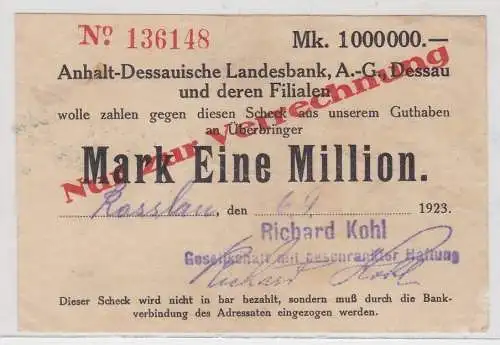 1 Million Mark Banknote Inflation Landesbank Dessau 6.9.1923 (152062)