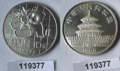 10 Yuan Silber Münze China Panda 1 Unze Feinsilber 1989 vz (119377)