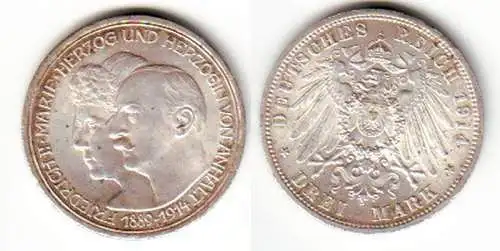 3 Mark Silbermünze Anhalt Silberhochzeit 1914 Jäger 24  (111755)