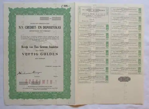 50 Gulden Aktie N.V. Crediet en Depositokas Utrecht 1958 Speciemen (137263)