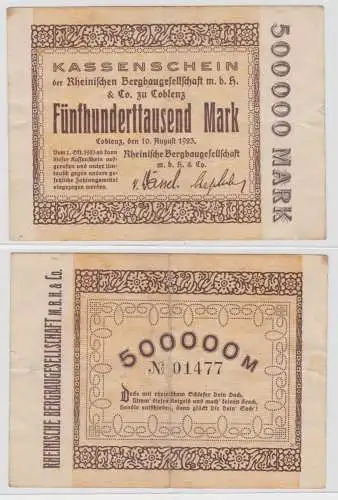500000 Mark Banknote Inflation Rheinische Bergbaugesellschaft Coblenz (137697)