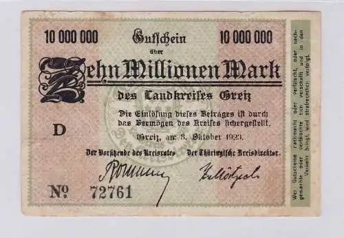 10 Millionen Mark Banknote Inflation Landkreis Greiz 3.10.1923 (126210)