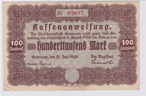 100000 Mark Banknote Stadt Hannover 31.Juni 1923 (122629)