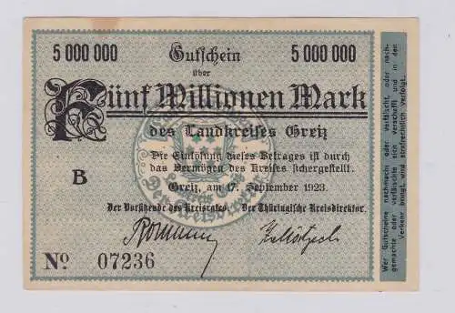 5 Millionen Mark Banknote Inflation Landkreis Greiz 17.9.1923 (126302)