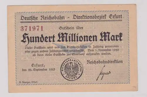 100 Millionen Mark Banknote Reichsbahndirektion Erfurt 22.9.1923  (125903)