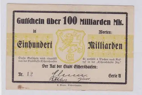 100 Milliarden Mark Banknote Inflation Stadt Eschershausen ohne D. 1923 (126219)