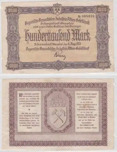 100000 Mark Banknote Bayerische Braunkohlen A.G. Schwandorf 8.8.1923 (135614)