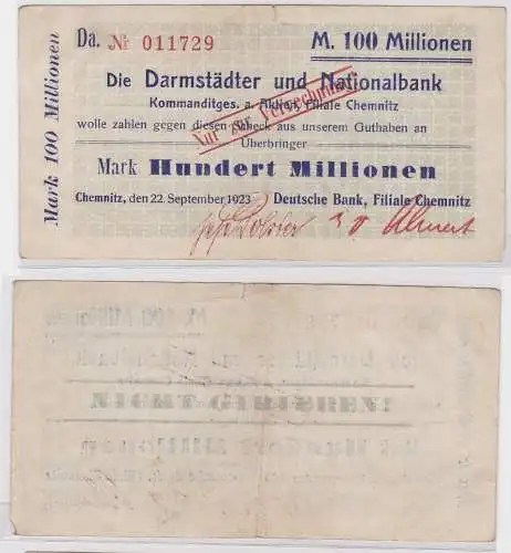 100 Mill. Mark Banknote Chemnitz Darmstädter & Nationalbank 22.9.1923 (121578)