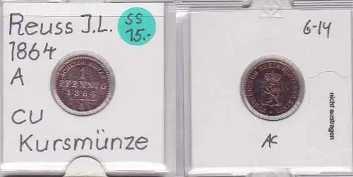 1 Pfennig Kupfer Münze Reuss-Schleiz Jüngere Linie 1864 A (120267)