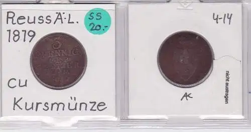 3 Pfennig Kupfer Münze Reuss-Obergreiz 1819 (121043)
