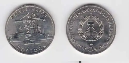 DDR Gedenk Münze 5 Mark Überseehafen Rostock 1988 Stempelglanz (136714)