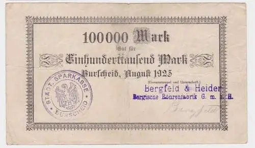 100000 Mark Banknote Burscheid Berfeld & Heider Röhrenfabrik 1923 (122454)