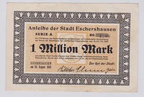 1 Million Mark Banknote Inflation Stadt Eschershausen 23.08.1923 (126316)