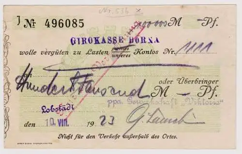 Firmenscheck 100000 Mark Banknote Stadtgirokasse Borna 7.8.1923 (120933)