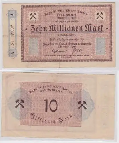10 Millionen Mark Banknote Halle Hugo Stinnes Riebeck Montan 1923 (123820)