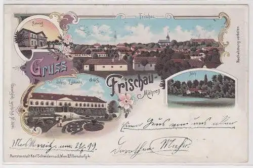 65261 Ak Lithographie Gruß aus Frischau Mähren Bahnhof, Schloß usw. 1899