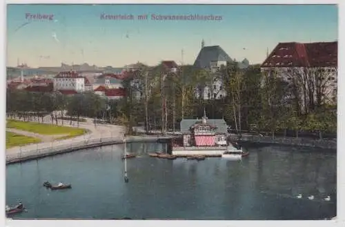 98236 Ak Freiberg Kreuzteich mit Schwanenschlößchen 1913