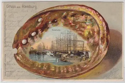 97755 Muschel Passepartout AK Gruss aus Hamburg - Niederhafen 1903