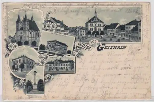 58789 AK Gruss aus Geithain - Markt, Bahnhof, Postamt, Nikolaikirche 1900