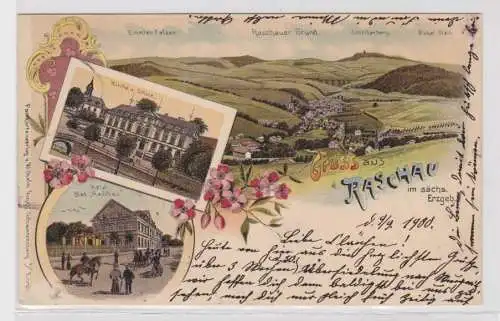 58065 Ak Lithographie Gruß aus Raschau, Hotel, Kirche und Schule 1900