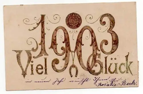 09191 Präge Neujahrs Ak mit 5 Mark Goldmünze 1903