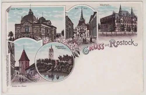 90855 Ak Lithographie Gruß aus Rostock Stadtansichten um 1900